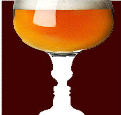 Famous optical illusion using 2 faces and a beer stein.